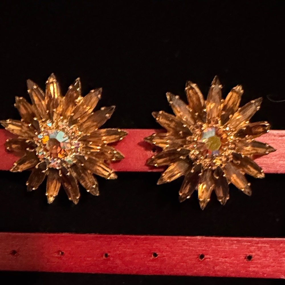 Vintage Gold & Brown Tone Sunburst 3D Florals Clip On Earrings